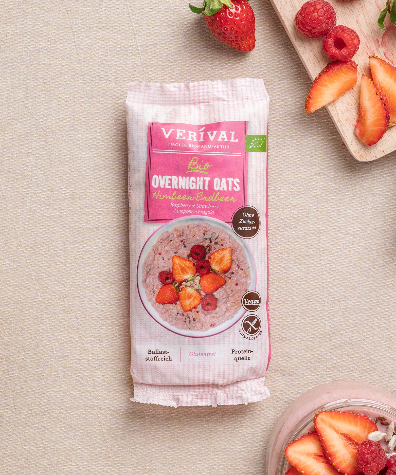 Die Protein-Probierbox Top 10 von Verival Bio enthält 10 verschiedene Einzelportionspackungen von proteinreichen Verival Frühstücksprodukten.