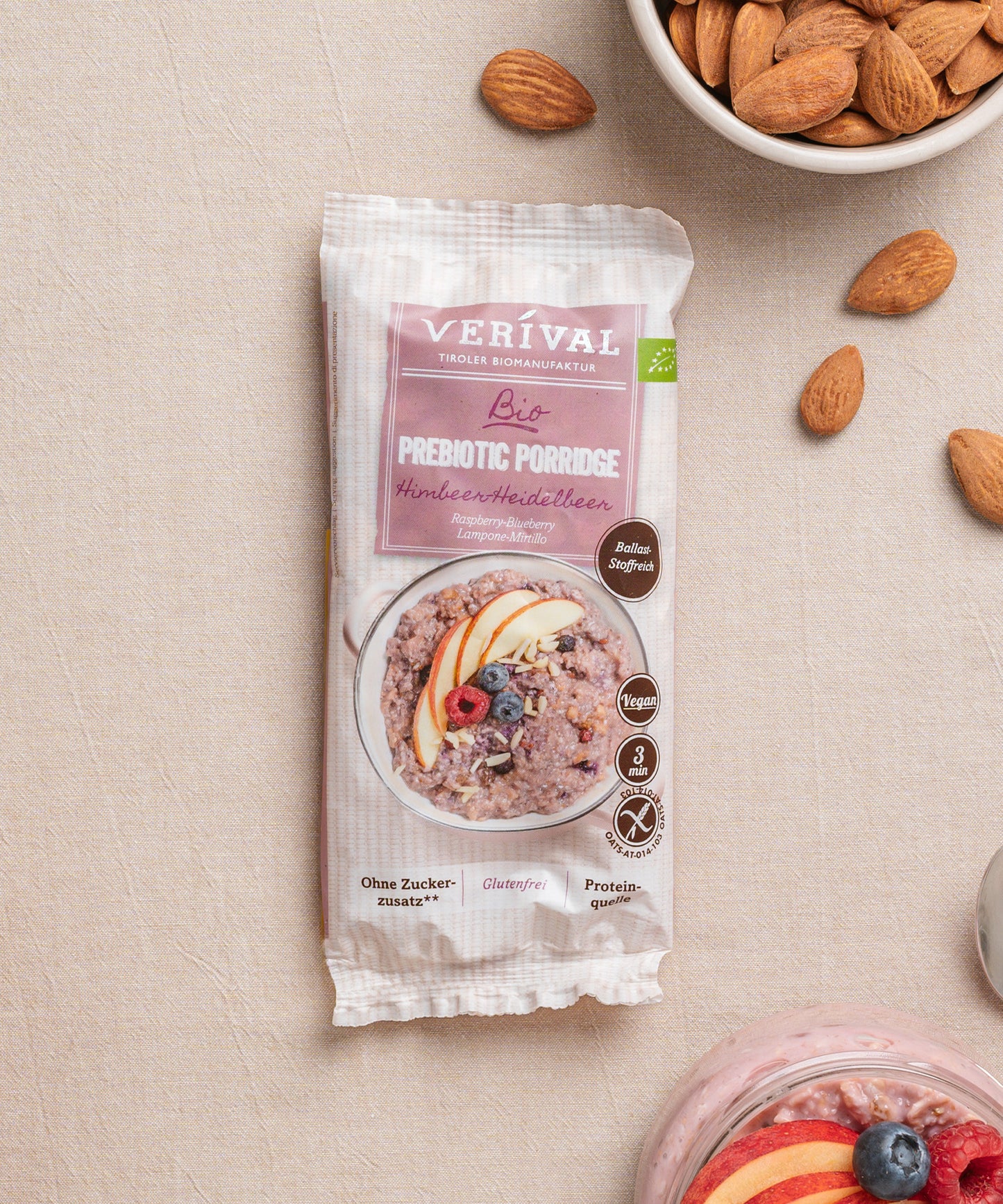 Die Protein-Probierbox Top 10 von Verival Bio enthält 10 verschiedene Einzelportionspackungen von proteinreichen Verival Frühstücksprodukten.