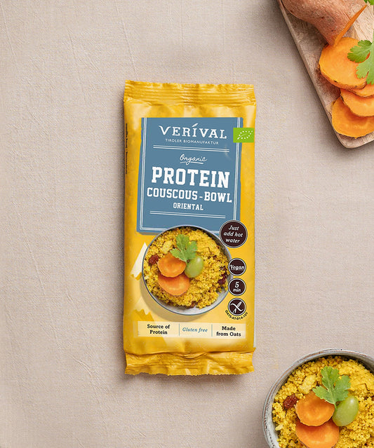 Die Protein-Probierbox Top 10 von Verival Bio enthält 10 verschiedene Einzelportionspackungen von proteinreichen Verival Frühstücksprodukten.