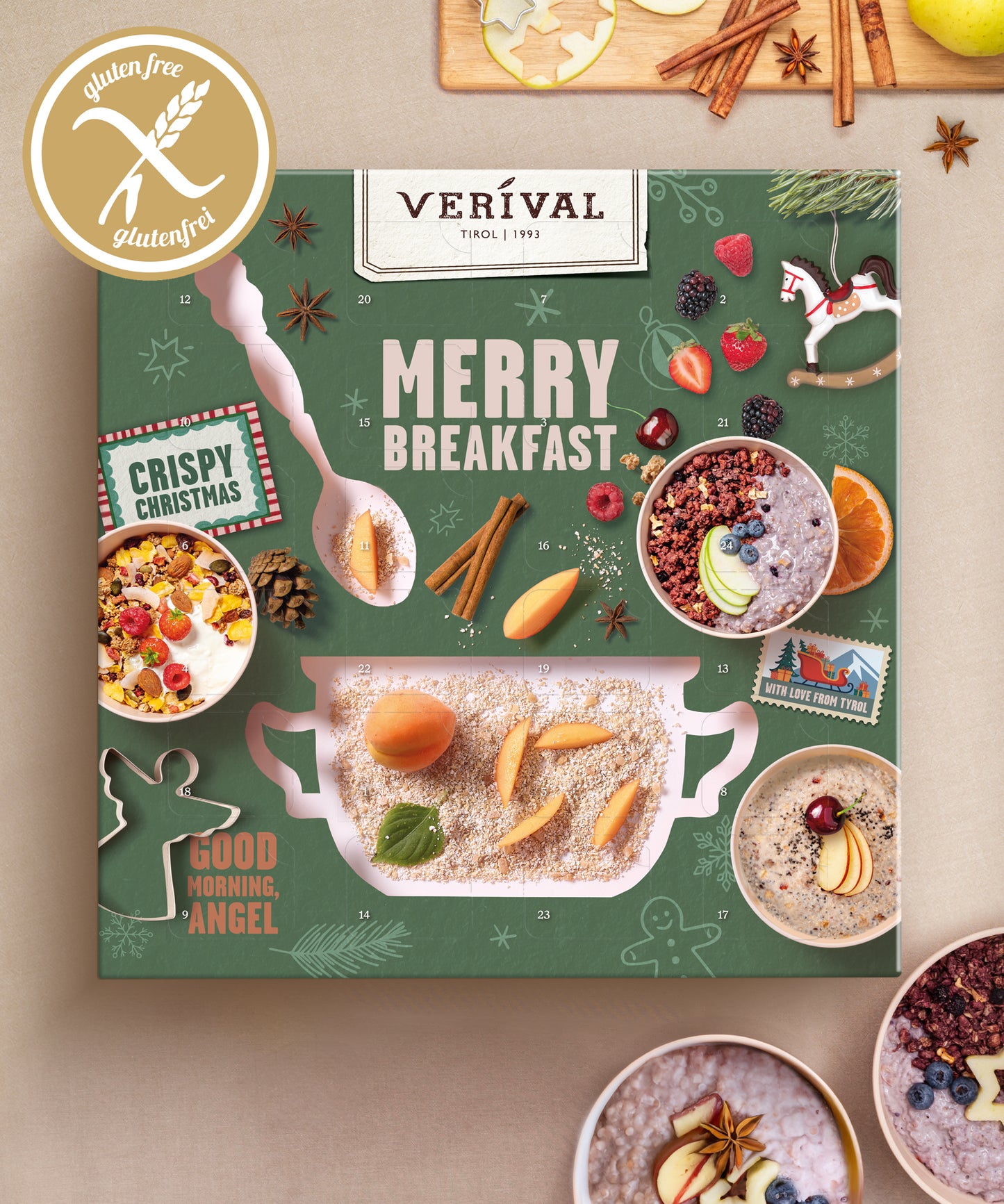 Die „Adventkalender-Box Glutenfrei“ der Verival Bio GmbH sorgt für ein festliches, knuspriges Weihnachtsfrühstück mit Haferbrei, Obst und Gewürzen – glutenfrei und ballaststoffreich.