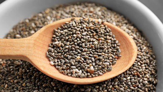 Chia seeds on a wooden spoon